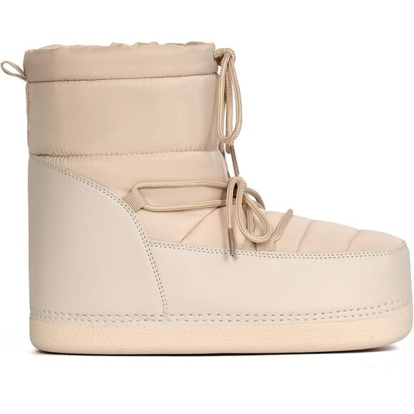 Women's Beige Winter Snow Boots Anti-Slip Lace-up Ankle Booties with Lining - Picture 2 of 6